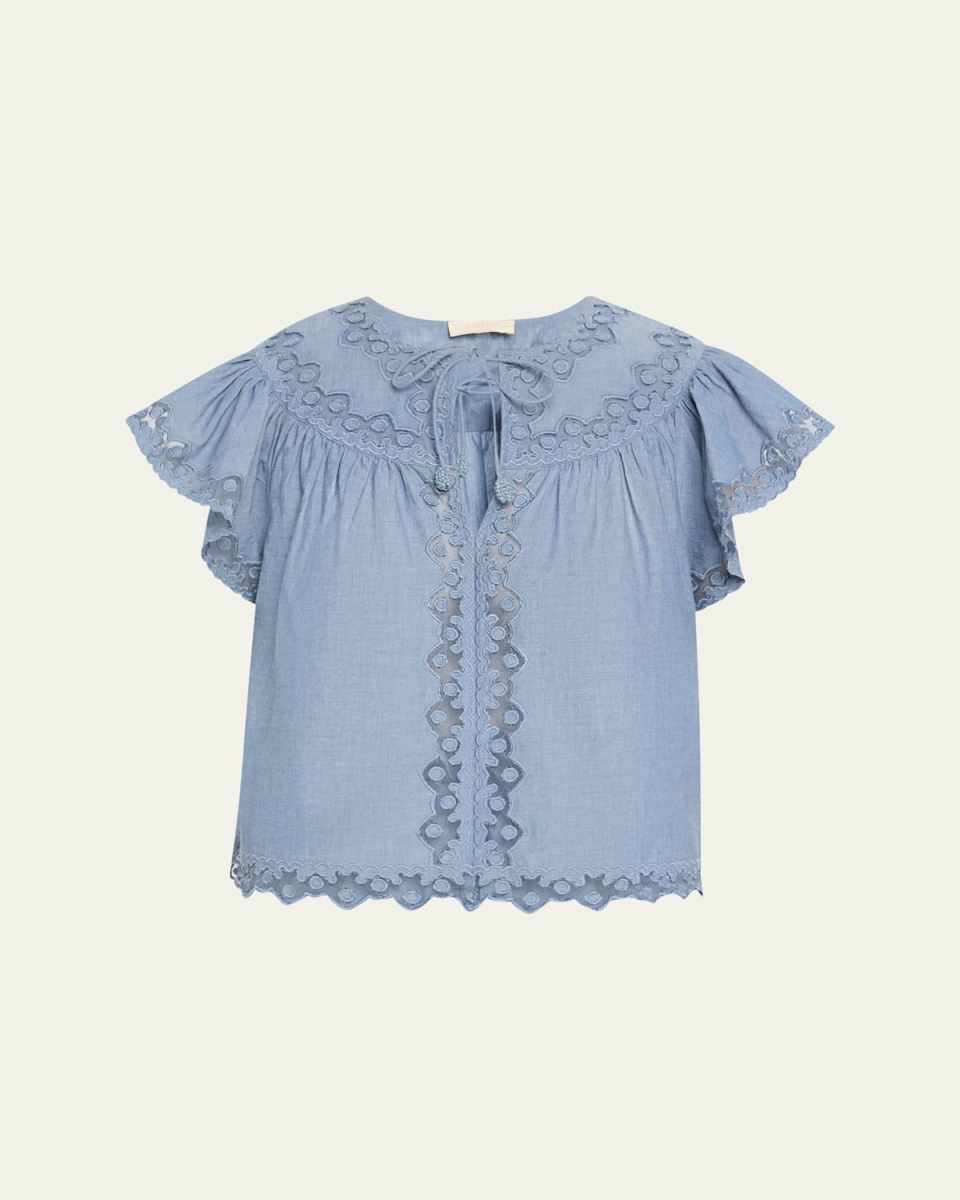 Effie Embroidered Flutter-Sleeve Top